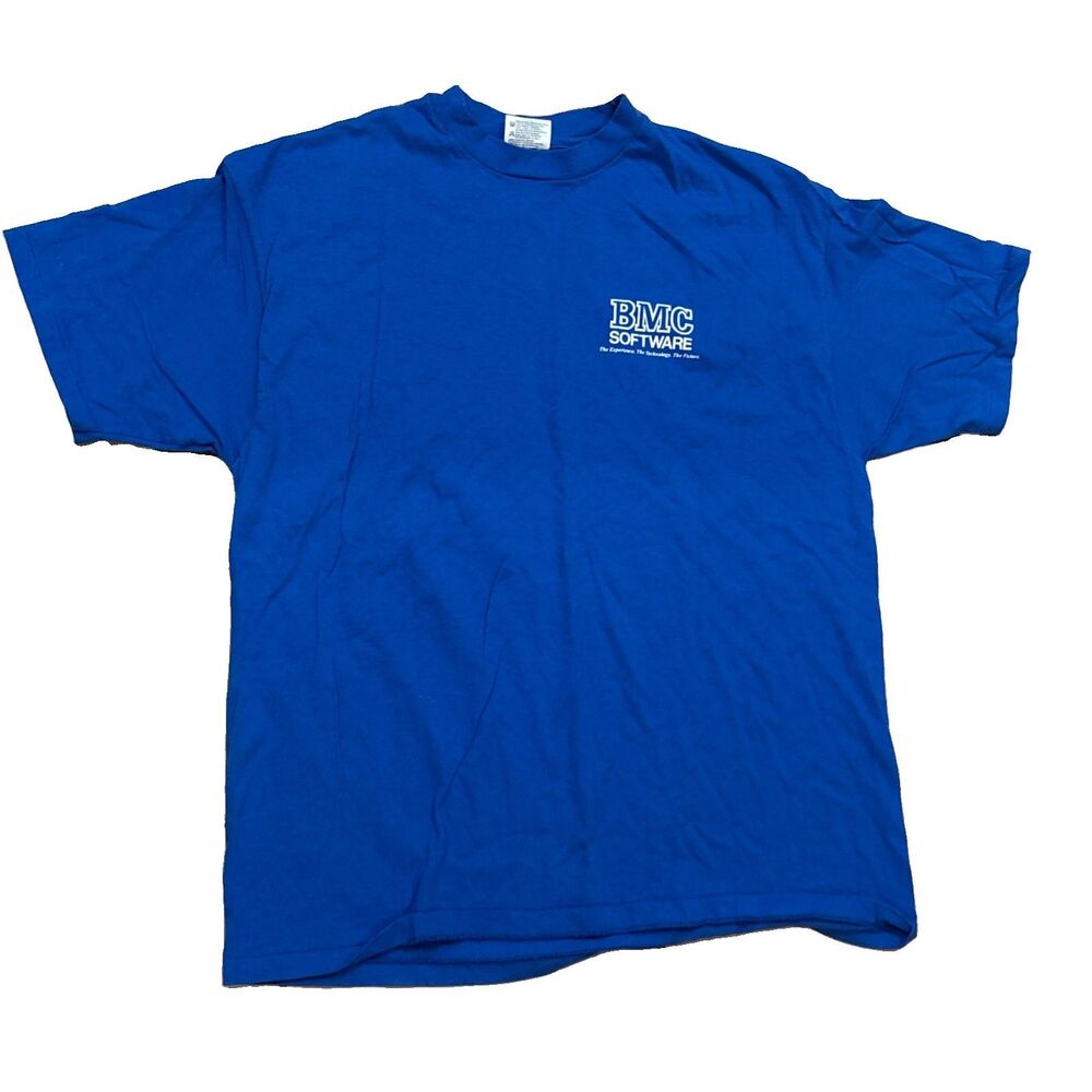 Vtg 1990s BMC Software Tech Shirt Blue White Code Matrix Graphic Mens XL USA